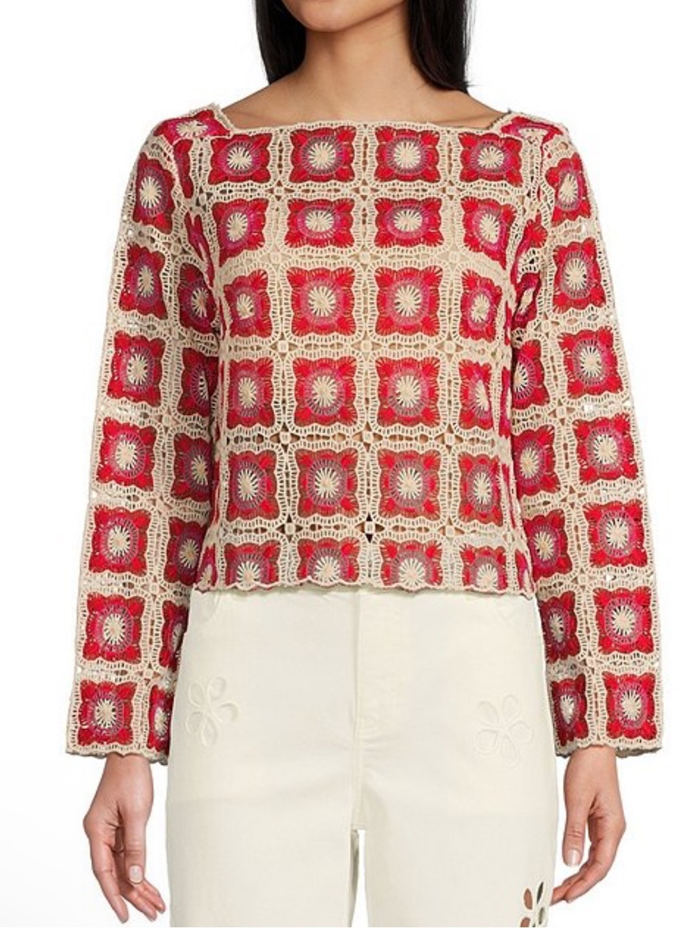 Chelsea & Violet Red and Cream Crochet Square-Pattern Blouse